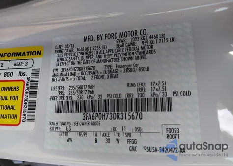 2013 Ford Fusion Se z USA, uszkodzony, nr VIN 3FA6P0H73DR315670